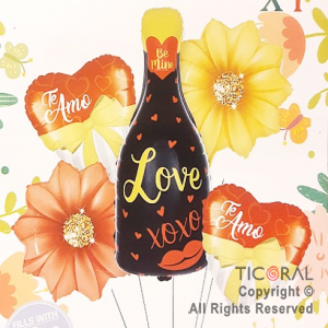 SET DE GLOBOS METALIZADO CORAZONES FLORES Y BOTELLA TE AMO  5 UNIDADES X 1